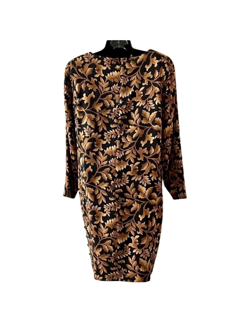 80s Liz Claiborne Floral Gold Black 100% Silk Shirt Oversized Midi Dress 8 M